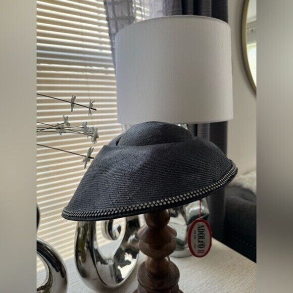 VTG NWT Adolfo II Black Straw Rhinestone Trim Hat - Picture 9 of 13
